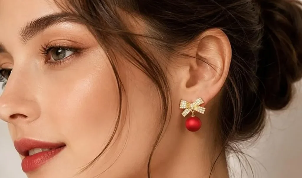 Red Ball Pearl Bow Stud Earrings – Elegant Pearl Dangle Drop Earrings for Women & Girls