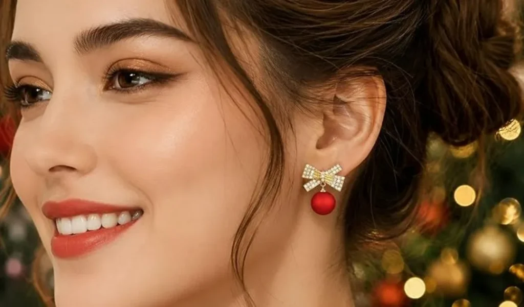 Red Ball Pearl Bow Stud Earrings