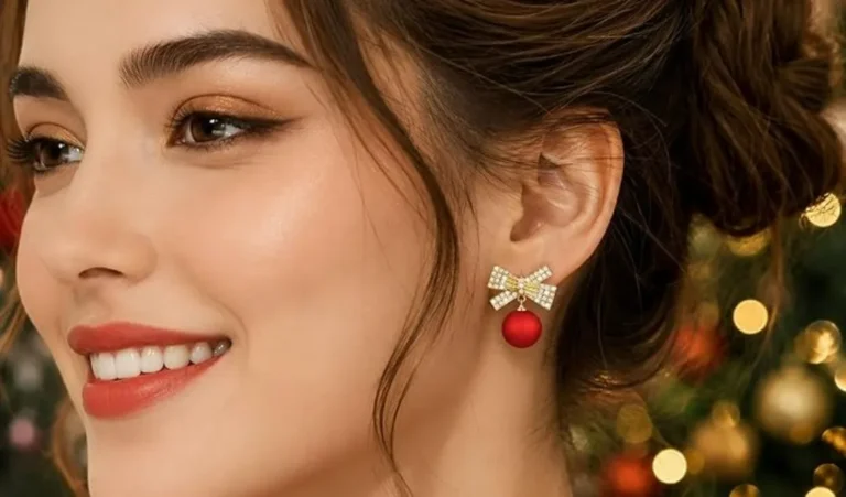 Red Ball Pearl Bow Stud Earrings – Elegant Pearl Dangle Drop Earrings for Women & Girls